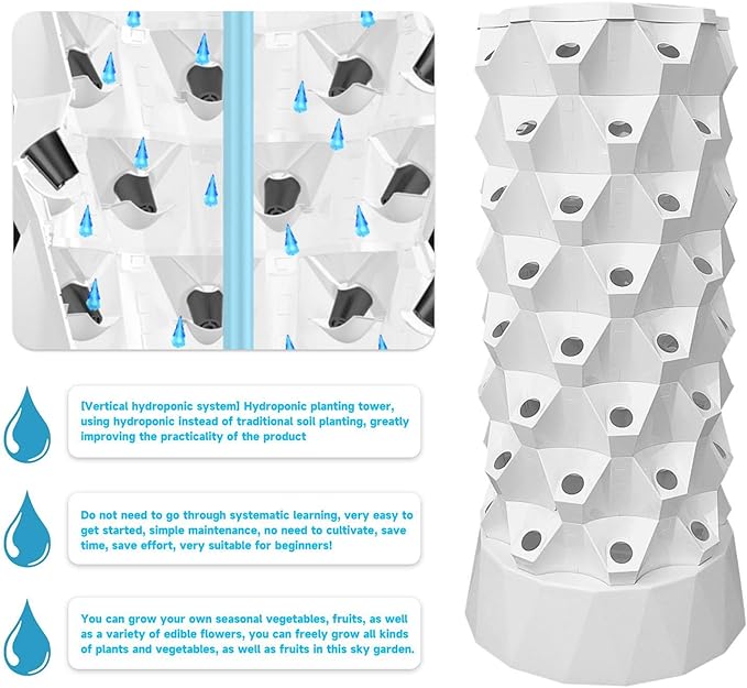 8 Tier 64 Slots Hydroponics TowerHydroponics Growing System for Indoor Fruits and VegetablesAeroponic Tower with Hydrating Pump TimerAdapter SpongeVertical Planting Standalone Aeroponic Garden