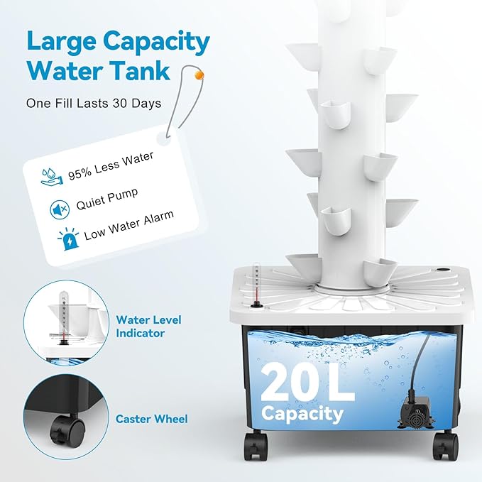 JESLED Hydroponic Growing System 15 Tiers Hydroponic Tower with 5000K Full-Spectrum Grow Lights Dual Timers for Auto Watering &amp Lighting Home Indoor Garden with 20L Water Tank High 66.2