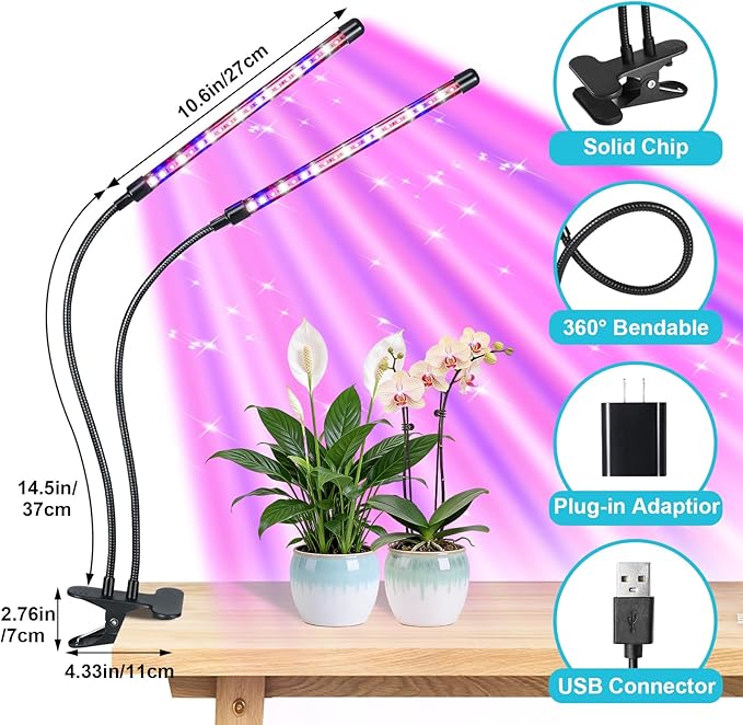 Grow Light for Indoor Plant Full Spectrum Clip Plant Lamp with Red Blue White Light Plant Growing Light with Adjustable Gooseneck 4/8/12/18H Timer 10 Brightness Levels 3 Lighting Modes 2 Pack
