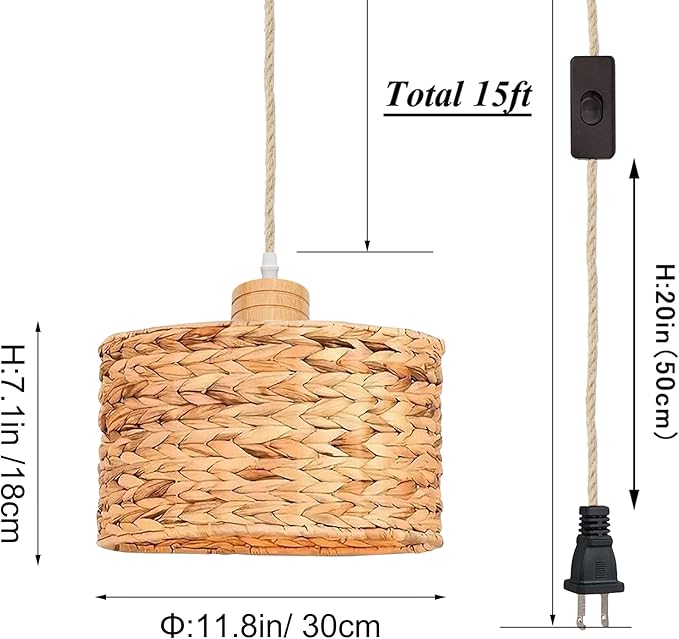 Full Spectrum Plug-in Lamp with Integrated Circulating Fan Timer Swag Hanging Boho Plant Growing Light by Remote Control Hemp Rope Cord Dimmable for Indoor Planting Portable 30W