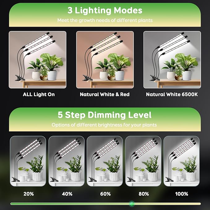 Tri-Heads Grow Lights for Indoor Plants Full Spectrum Plant Lights for Indoor Growing with Adjustable 360° Gooseneck 6/12/18H Timer &amp Dimming for Seedlings(Pack 2)