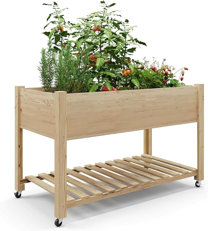 Mobile Raised Garden Bed with Lockable WheelsWooden Planter Box Legs Storage Shelf &amp Linerfor Patio Deck Balcony Backyard Natural