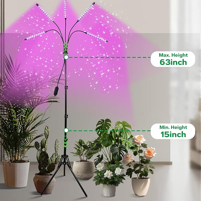 5-Head Floor Plant Lights - 15-63 Adjustable Stand Dual-Band Red/Blue LEDs - Remote Control &amp Auto Timer for Large Indoor Gardens Vegetables Flowering Plants (5-Head)