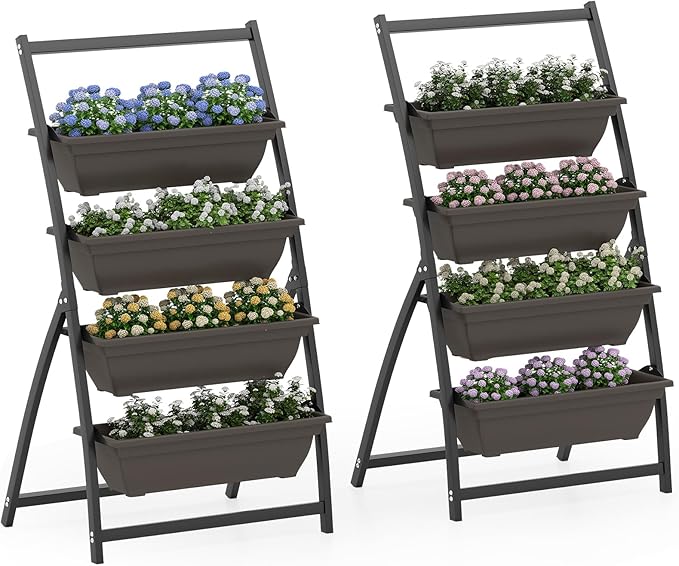 HAPPYGRILL 4-Tier Vertical Raised Garden Bed Elevated Planting Bed w/ 4 Stackable Flowerpots &amp Drainage Holes Indoor Outdoor Freestanding Planter Box w/Legs for Patio Yard (226 x 20.5'' x 49''