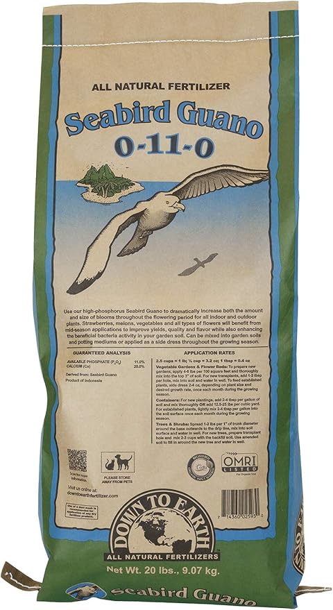 Down To Earth All Natural Fertilizers Organic Seabird Guano - High Phosphorus Plant Food for Buds Blooms Flowers 0-11-0 20 lb