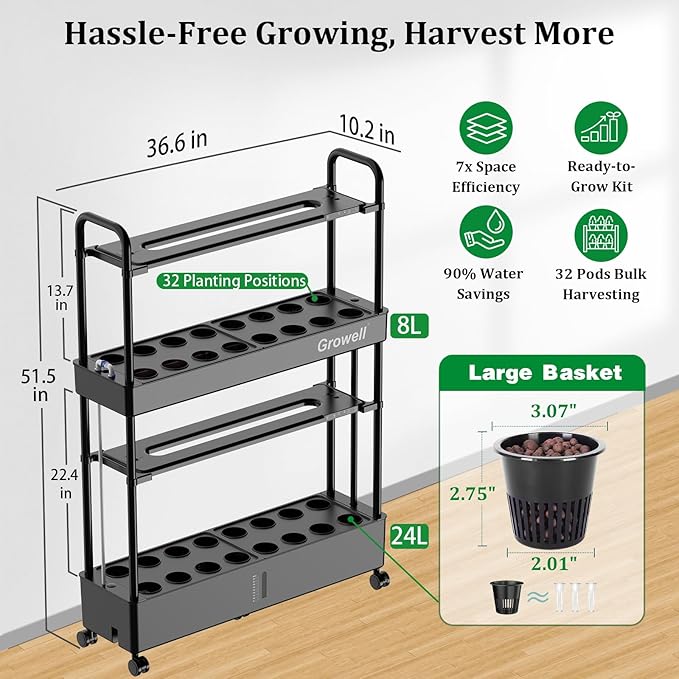 Large Hydroponics Growing System Kit 32 Pods Vertical Hydroponic Garden with 32 Large Buckets 32L Indoor Garden System for Herb Vegetable Fruit with 2 Light Modes Auto Circulating Water System