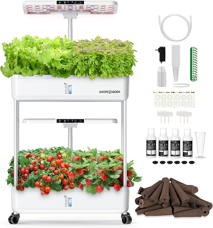 Ahopegarden Hydroponics Growing System Indoor Garden 44 Pods Plant Herb Garden Germination Kit with LED Grow Light 20L Double-Layer Large Capacity Hydrophonic Planter Grower for Vegetable Fruit