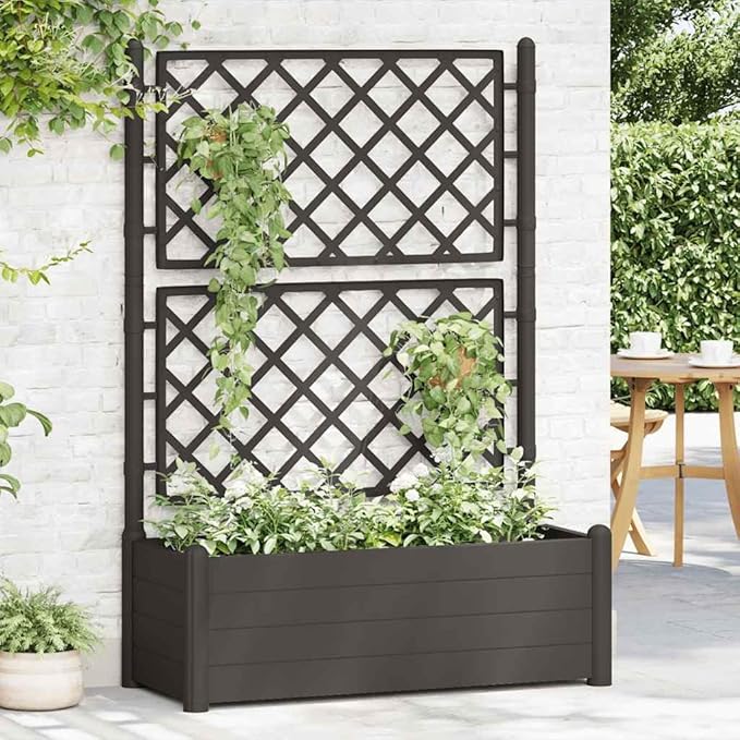 Garden Planter with Trellis Anthracite PP 90L Capacity Rectangular Raised Garden Bed for Outdoor Plants 39.4x16.9x55.9 in