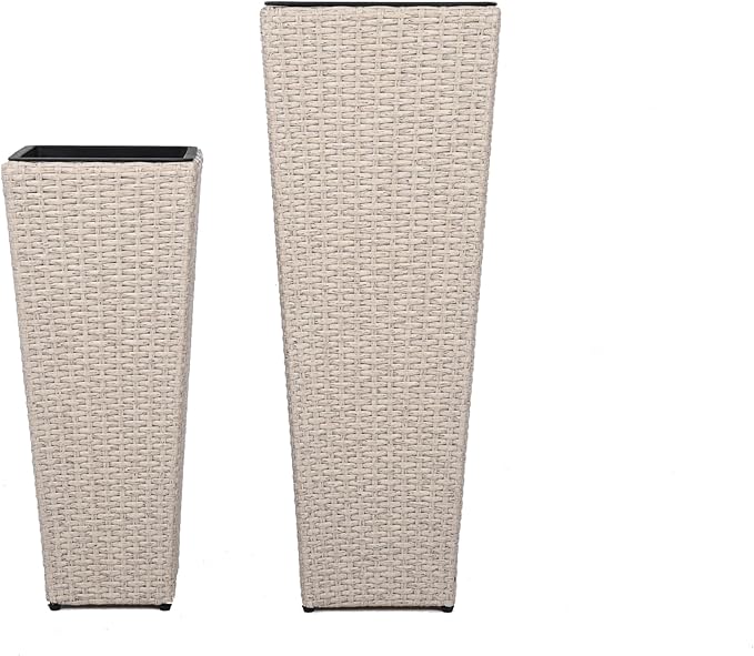 Outdoor PE Wicker Flower Pots 2 Pcs Set Beige
