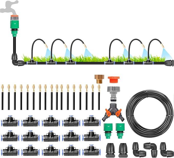 New Drip Irrigation System KitAutomatic Garden Watering Systemwith 360-degree Bending Dropper Atomizing Copper Nozzle and Smart Irrigation Controllerfor Garden Greenhouse50M/164FT