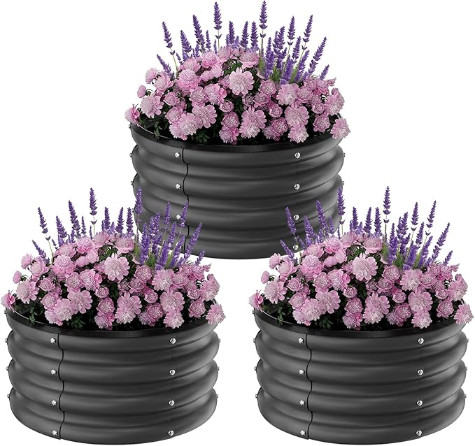 IDEALHOUSE Metal Raised Garden Bed 3 Pack 2×2×1 ft Round Outdoor Planter Boxes Durable Galvanized Steel Containers for Vegetables Fruits Flowers Open Bottom Easy Assembly Black