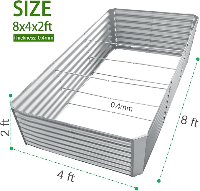 8x4x2ft Galvanized Raised Garden Bed Planter Raised Garden Boxes Outdoor Large Metal Raised Beds for Gardening Garden Bed for Vegetables Flowers Herb Silver