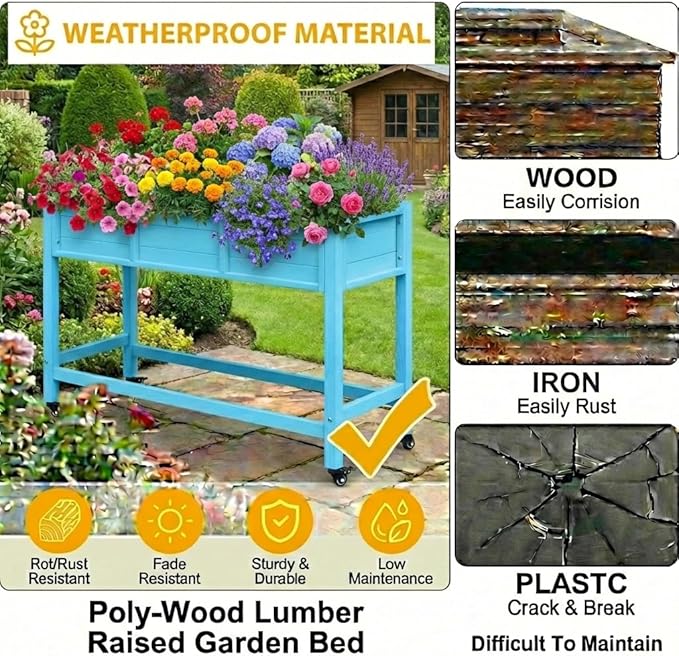 DWVO 47x18x31in Raised Garden Bed HDPE Weather-Resistant Poly Wood Planter Box Stand Planter Box with Legs &amp Lockable Wheels Elevated Garden Bed for Backyard Patio Balcony - Aruba Blue
