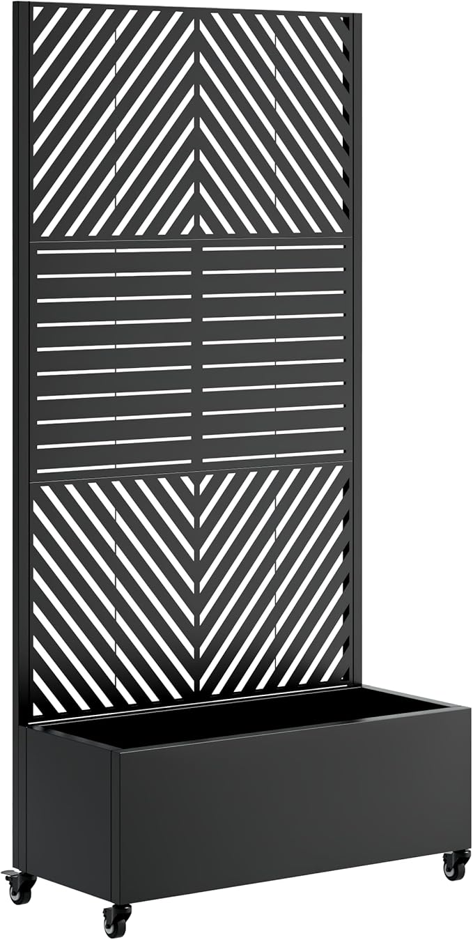73'' Metal Raised Garden Bed with Trellis Planter Box Outdoor with 4 Wheels &amp Privacy Screen Galvanized Raised Beds Planters Flower Box for Climbing Plants Vegetables (Black1)