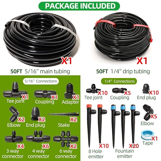 100Ft Drip Irrigation System Kit with Watering Kit Locked Fittings 360 Degree Micro Drip Sprayer Automatic Irrigation Equipment for Small Farm Raised Bed 1/4 Inch 5/16 Inch Irrigation Tubing Hose