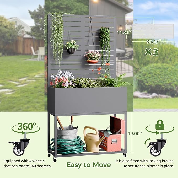 Metal Planter Box with Trellis67 H x35 W Raised Garden Beds with Privacy Screen for Climbing Plants Flower Elevated Standing Planter Garden Bed with Drainage Holes for Outdoor PatioGrey