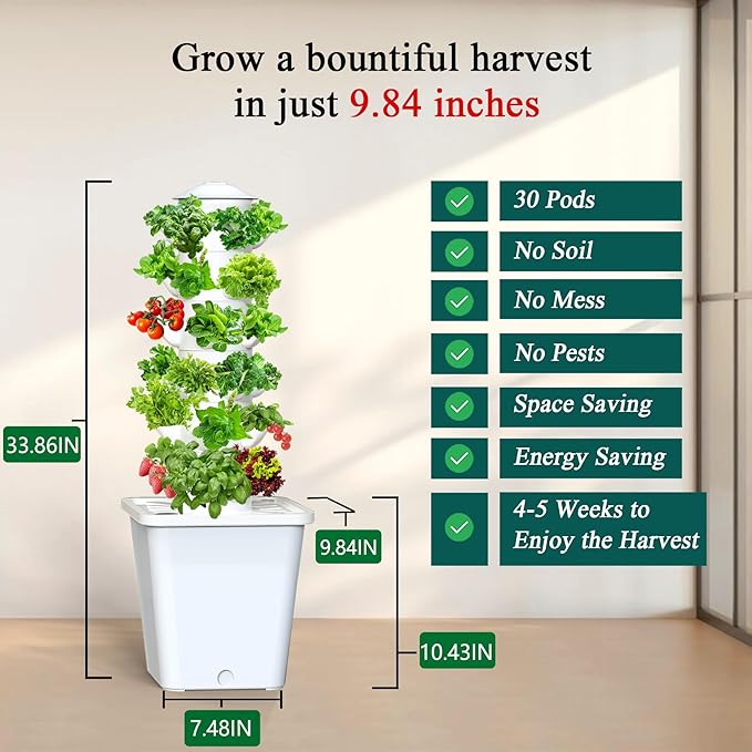 Hydroponics Growing System 30-Plant Indoor Hydroponic Tower with Pump System Plants Germination Kit Smart Aeroponic Herb Garden Vertical Hydroponic System for Gardening Lover (No Seed)