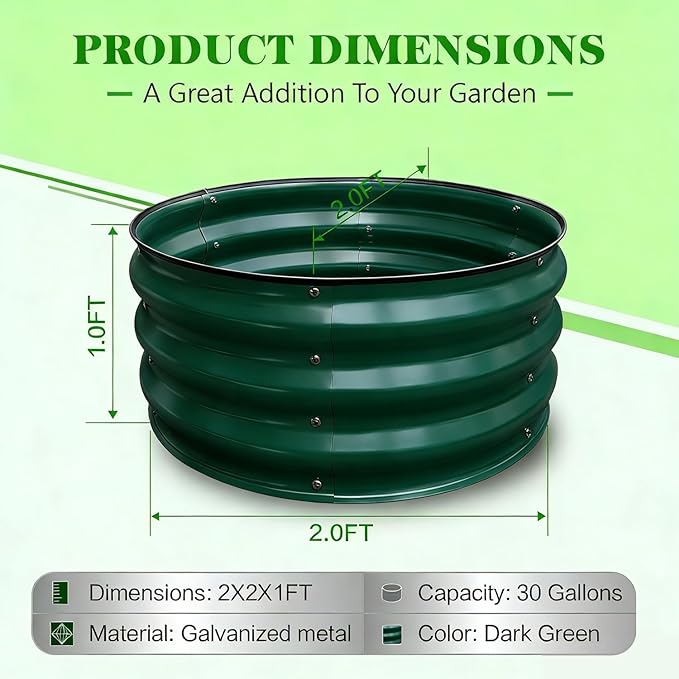 GrowHaus 2x2x1FT Galvanized Raised Garden Bed Planter Boxes Outdoor Round Metal Garden Beds for Planting Vegetables Flowers Herbs Dark Green