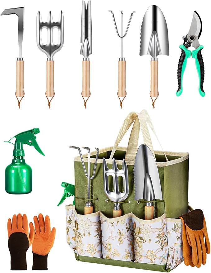9-Piece Premium Gardening Tool Set for Women - Heavy Duty Stainless Steel Rust-Proof Tools with Fashion Storage Tote | Perfect Gardening Gifts for Mom Mother's Day Birthday &amp Outdoor (Green)