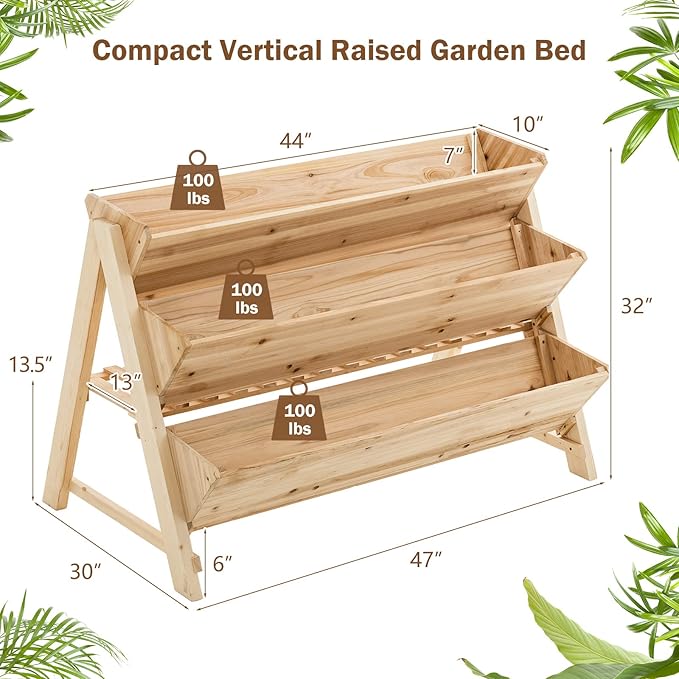 Giantex Raised Garden Bed Vertical Planter with Storage Shelf 3 Tier Elevated Planter Box with Side Hooks Indoor Outdoor Wood Garden Bed for Balcony Garden Lawn (Natural)