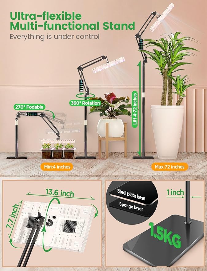 LetPot 60 Watt Plant Grow Lights for Indoor Plants Full Spectrum Smart APP Control 8-Level Adjustable Light Hanging &amp Stand Use Aluminum Cooling 270° Foldable 360° Rotation 2x2ft Coverage