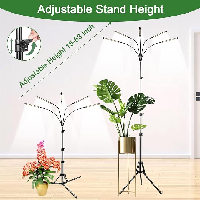 Garpsen Grow Lights for Indoor Plants [2Pack] 100 LEDs Full Spectrum Plant Light with Timer 6/12/16H 6000K Grow Lamp with 15~63''Adjustable Stand &amp Gooseneck 3 Light Modes 5 Levels Dimmable