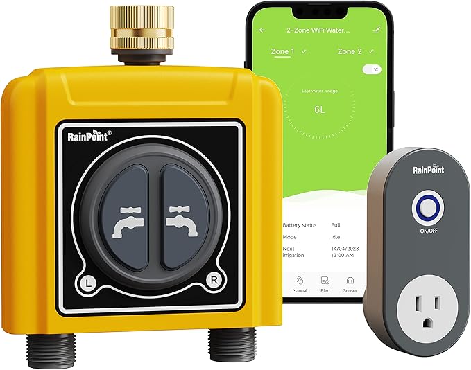 RAINPOINT WiFi Water Timer with Brass Inlet 2 Outlets Sprinkler TimerAutomatic Irrigation System Controller APP &amp Voice Control Irrigation by Weather/Quantity/Soil Moisture