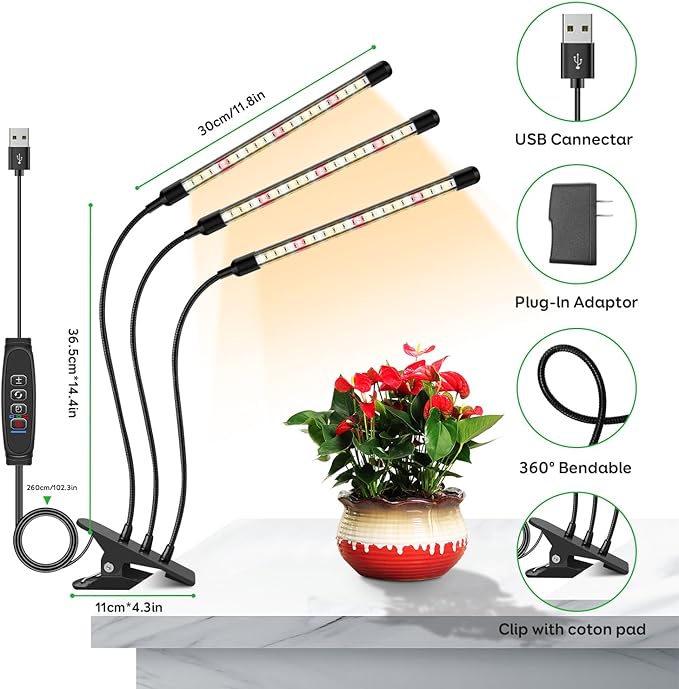 Full Spectrum LED Grow Light for Indoor Plants 3Heads Grow Lights for Seed Starting 10 Dimmable Levels &amp 3 Timer Modes (3/9/12H) Adjustable 360° Gooseneck with Clip Plant Grow Light 2 Pack