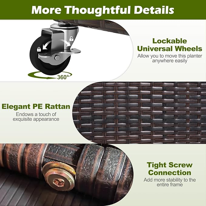 Giantex Wicker Raised Garden Bed with Wheels 38”x12”x14” Rectangular Garden Planter Box w/PE Rattan Liner Fabric Wicker Patio Elevated Raised Bed for Vegetable Flower Herb Porch Balcony
