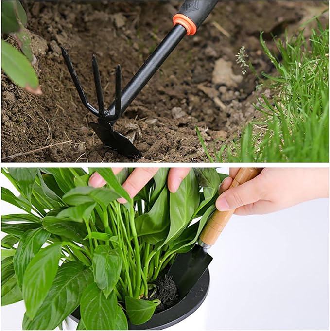 Garden Tools Set 4 Piece Gardening Hand Kit Includes Garden Shovel Hand Trowel Rake Dual-Purpose Hoe Gardening Tools Gift for Women Men