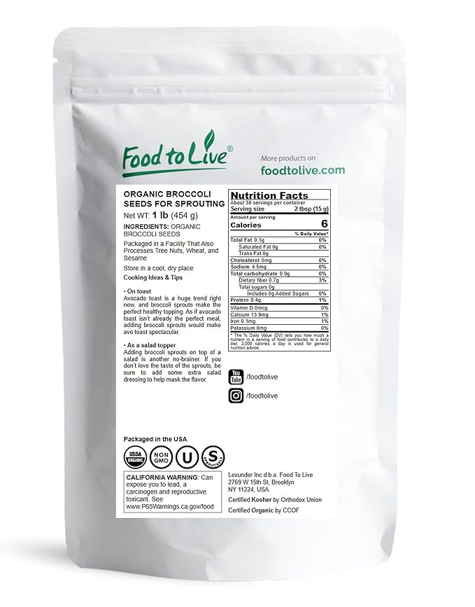 Food to Live Organic Broccoli Seeds for Sprouting 1 Pound – Non-GMO Vegan Kosher Sirtfood Bulk. Rich in Sulforaphane Vitamin C. Grow Sprouts Microgreens for Salads and Sandwiches
