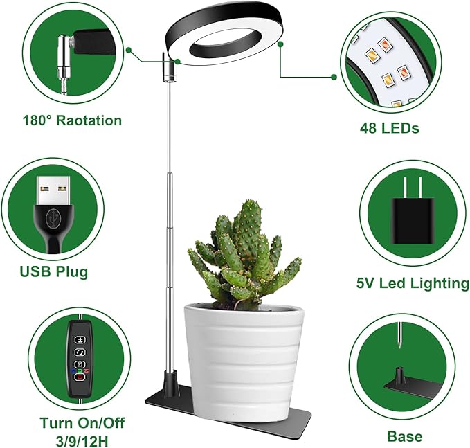 Grow Lights for Indoor Plants Full Spectrum Plant Lights for Indoor Growing Height Adjustable Halo Grow Light with Base 3 Optional Spectrums Auto Timer 3/9/12Hrs 10 Brightness 5 Pack