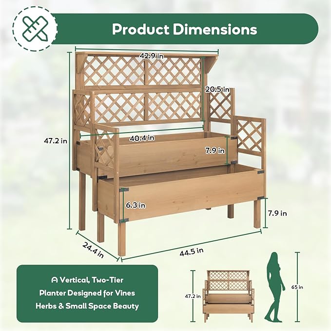 Raised Garden Bed with Trellis &amp Top Shelf Outdoor Elevated Planter Box with 2 Planting Areas Liner &amp Metal Corners for Climbing Plants Vegetables Herbs