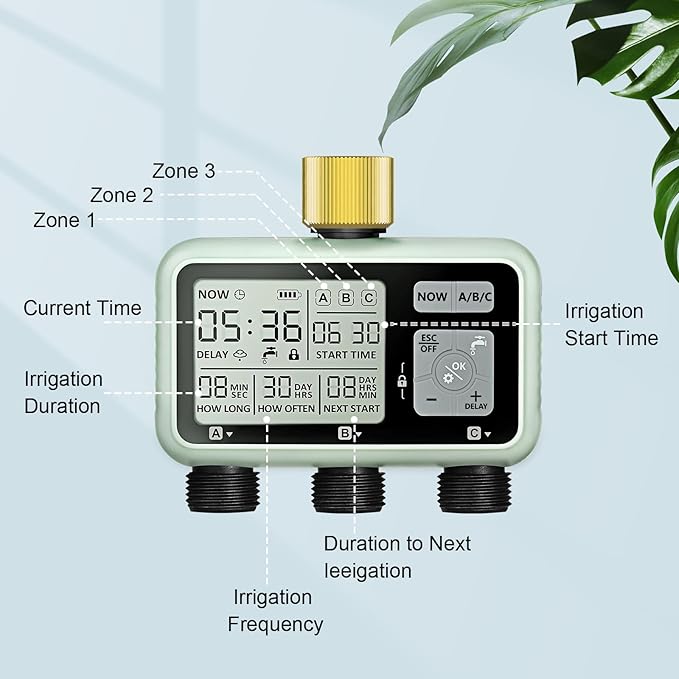 Watering Timer 3 Zone with Brass Inlet Sprinkler Timer Programmable Garden Outdoor Hose Faucet Timers with Rain Delay Auto &amp Manual Watering SystemWater Hose Irrigation Timers 3 Outlet for Gar