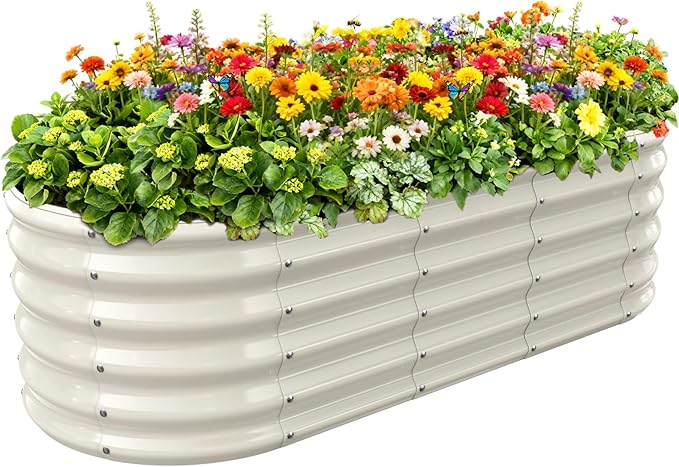 17 Tall Outdoor Garden Raised Garden Bed Kits 5ft X 2ft Oval0.8MM Thick Metal Raised Planter Bed/Ground Planter Box for Variety of FlowersHerbsVegetables (Cream White 60X24X16.5 Inches)