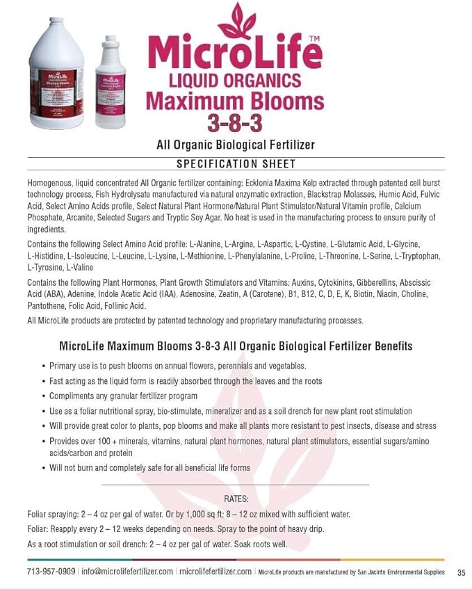 MicroLife Maximum Blooms (3-8-3) Professional Grade Organic Liquid Fertilizer Concentrate for All Flowers and Anything That Blooms Gallon
