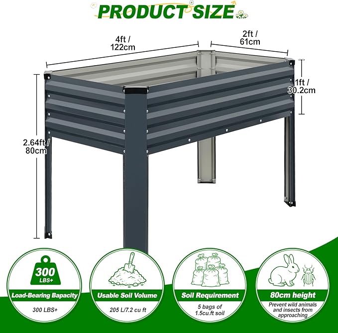 Galvanized Raised Garden Bed with Legs 2 Pack 48x24x32in Elevated Raised Garden Bed Outdoor with Drainage Holes Planter Boxes for Gardening Vegetable Flower Fruit in Backyard Patio Balcony (Grey)
