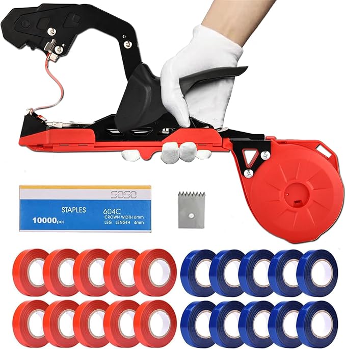 Suca Plant Tying Machine Lightweight Plant Tying Tape Tool to Tie Up Vine Quickly Plant Tie Tapener Gun with Tapes and Staples Red