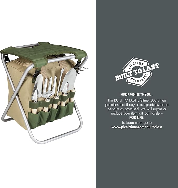 PICNIC TIME Disney Winnie The Pooh Gardener Folding Seat with Tools Folding Garden Stool with Detachable Tote and Hand Tool Set Organizer Portable Gardening Chair (Olive Green with Beige Accents)
