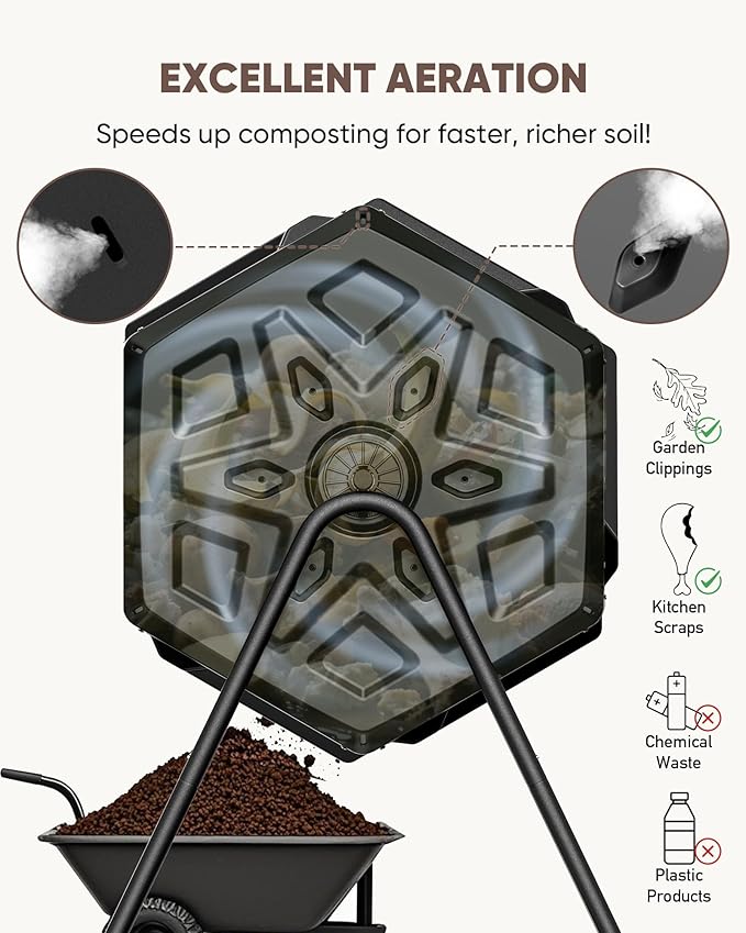THEGROW'ING Updated 43 Gallon Compost Bin Outdoor Fast Assemble Tumbling Composter Dual Chamber Composter Tumbler Rotating Compost Bin for Outside Backyard Garden and Yard Black