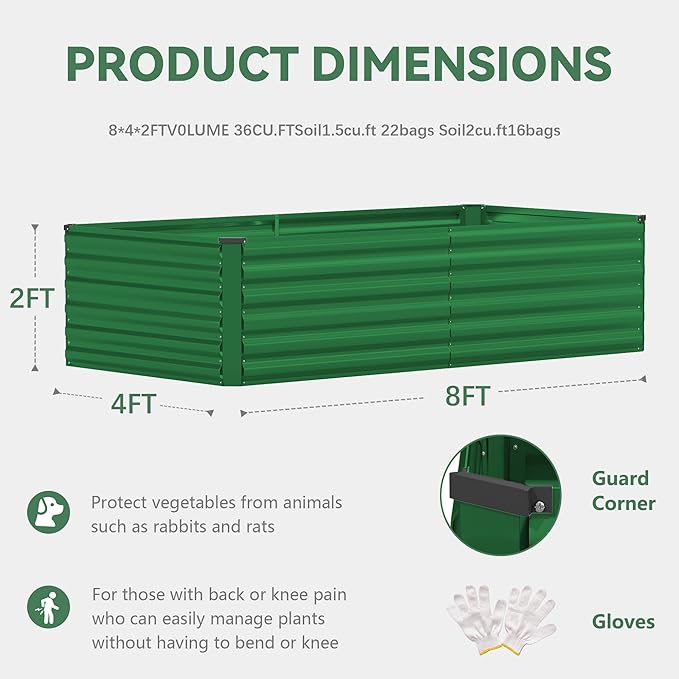 FOOWIN 2pcs 8x4x2ft Galvanized Raised Garden Bed Planter Raised Garden Boxes Outdoor Large Metal Raised Beds for Gardening Garden Bed for Vegetables Flowers Herb478 Gallon Capacity Green
