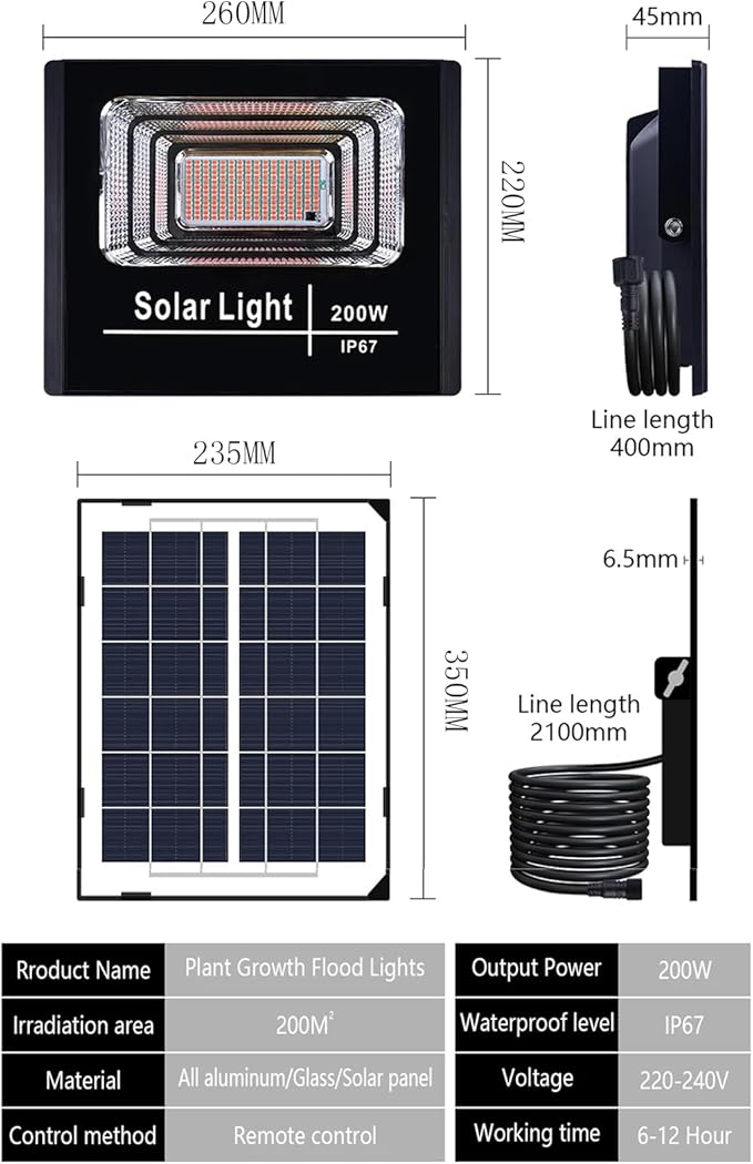 200W Solar Grow Lights Rechargeable Grow Light Full Spectrum Plant Light for Indoor Outdoor Plants with Timer Solar Plant Lights with Remote Control and USB ChargingBlack