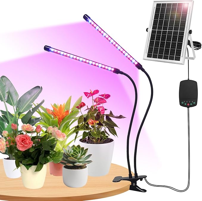Solar Grow Lights with Batteries 2 Heads Clip Plant Growing Lamp with Red Blue Spectrum for Indoor Plants 3/9/12H Timer 3 Dimmable Level Adjustable Gooseneck3 Switch Modes Auto On Off