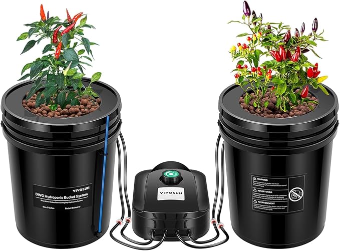 VIVOSUN DWC Hydroponics Grow System with Top Drip Kit 5-Gallon Deep Water Culture Recirculating Drip Garden System with Multi-Purpose Air Hose Air Pump and Air Stone (2 Buckets + Top Drip Kit)