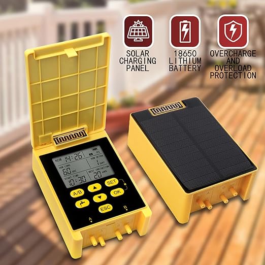 Solar Powered Dual Pump Drip Irrigation KitChild Lock 2 Group Automatic Watering System with Rain Sensing Digital Display Screen for Garden Patio Balcony Vacation (for 20 Pot Plants)