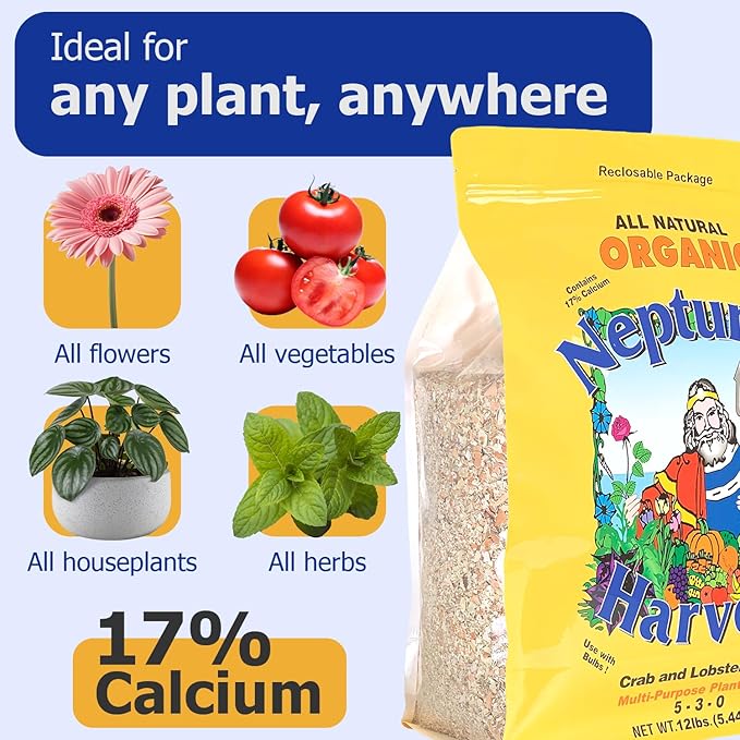 Neptune’s Harvest Organic Crab &amp Lobster Shell Multi-Purpose Plant Food (5-3-0) - 12 LB Resealable Bag - Rich in Nutrients Soil Fertilizer - Plant Food for Lawns Gardens and Vegetables