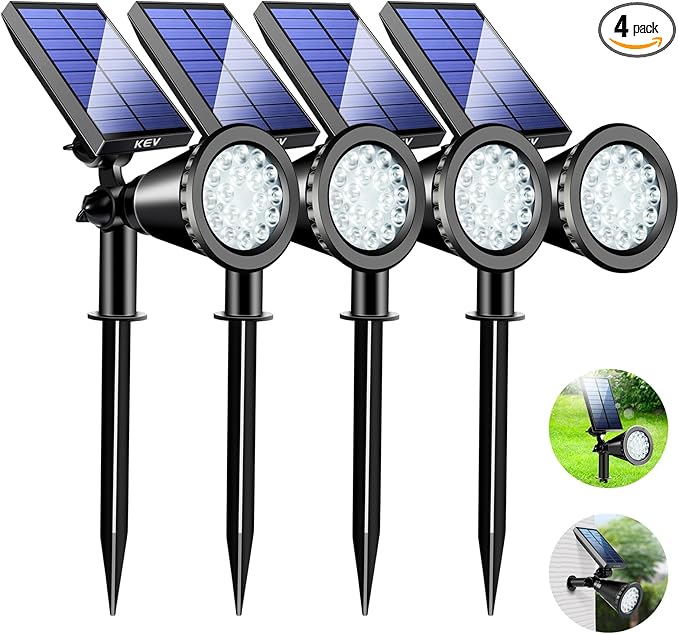 KEV 800 Lumens Solar Spot Lights Outdoor18 LEDs Solar Flood Lights with 2 Modes &ampAdjustable &ampIPX65 WaterproofSolar Spotlight for Driveway/Backyard/Patio Landscape/Tree/Garage(Cool White 4 P