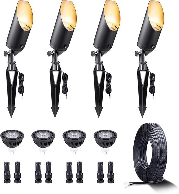 Gardenreet 12V Landscape Spotlight Bundle - 4 Pack Brass Spotlight 65FT 16/2 Cable Outdoor Waterproof LED Fixture for Garden Wall Tree with 5W 2700K Warm White MR16 Bulb
