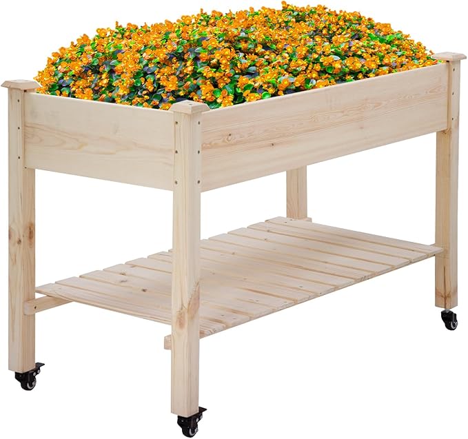 Wooden Garden Bed Raised Garden Bed Elevated Wood Planter Box Stand Patio Planter Grown Box for Backyard Patio Balcony w/Bed Liner Outdoor &amp IndoorElevated Garden Grow Box with Wheels