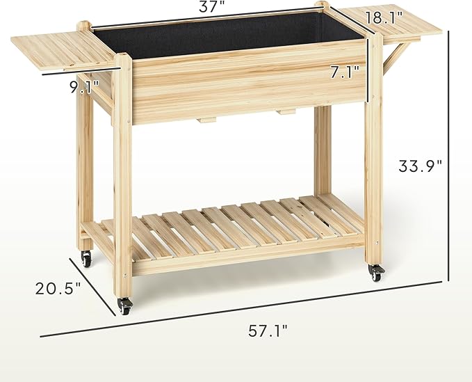 Optimal Elevated Garden BedWood Raised Planter Boxwith Lockable WheelsSide TablesBottom ShelfDrain Holes